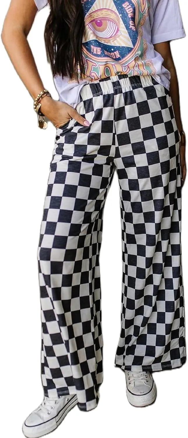 Aonoapll Women Checkered Wide Leg Pants Elastic High Waist Straight Leg Y2k Checkerboard Lounge Trousers