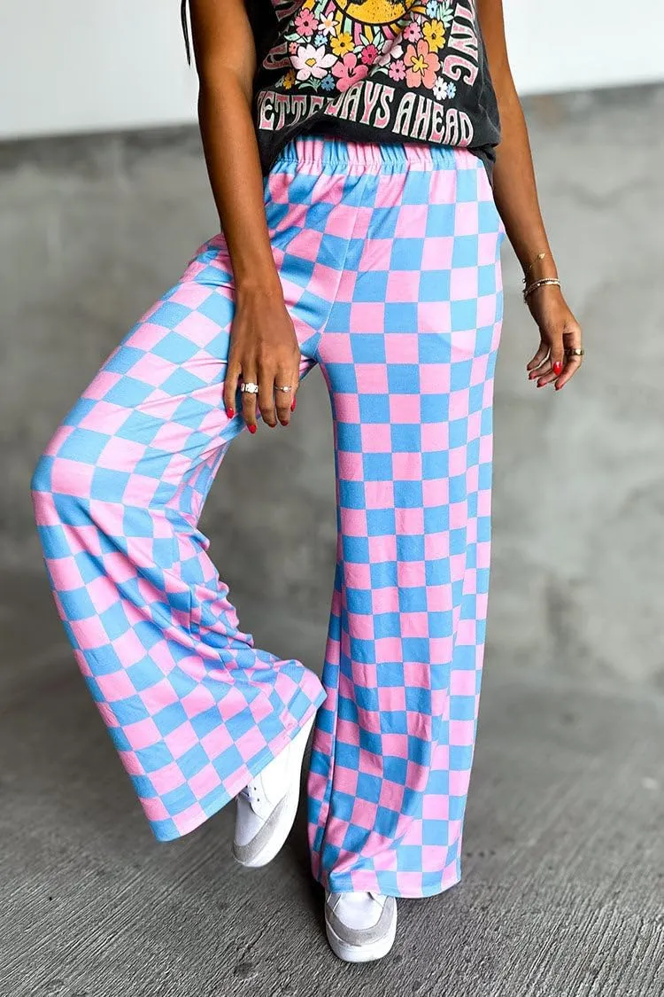 Aonoapll Women Checkered Wide Leg Pants Elastic High Waist Straight Leg Y2k Checkerboard Lounge Trousers