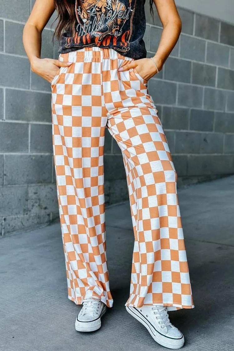 Aonoapll Women Checkered Wide Leg Pants Elastic High Waist Straight Leg Y2k Checkerboard Lounge Trousers