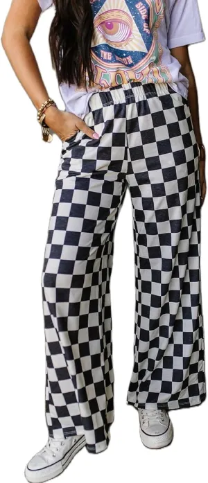 Aonoapll Women Checkered Wide Leg Pants Elastic High Waist Straight Leg Y2k Checkerboard Lounge Trousers