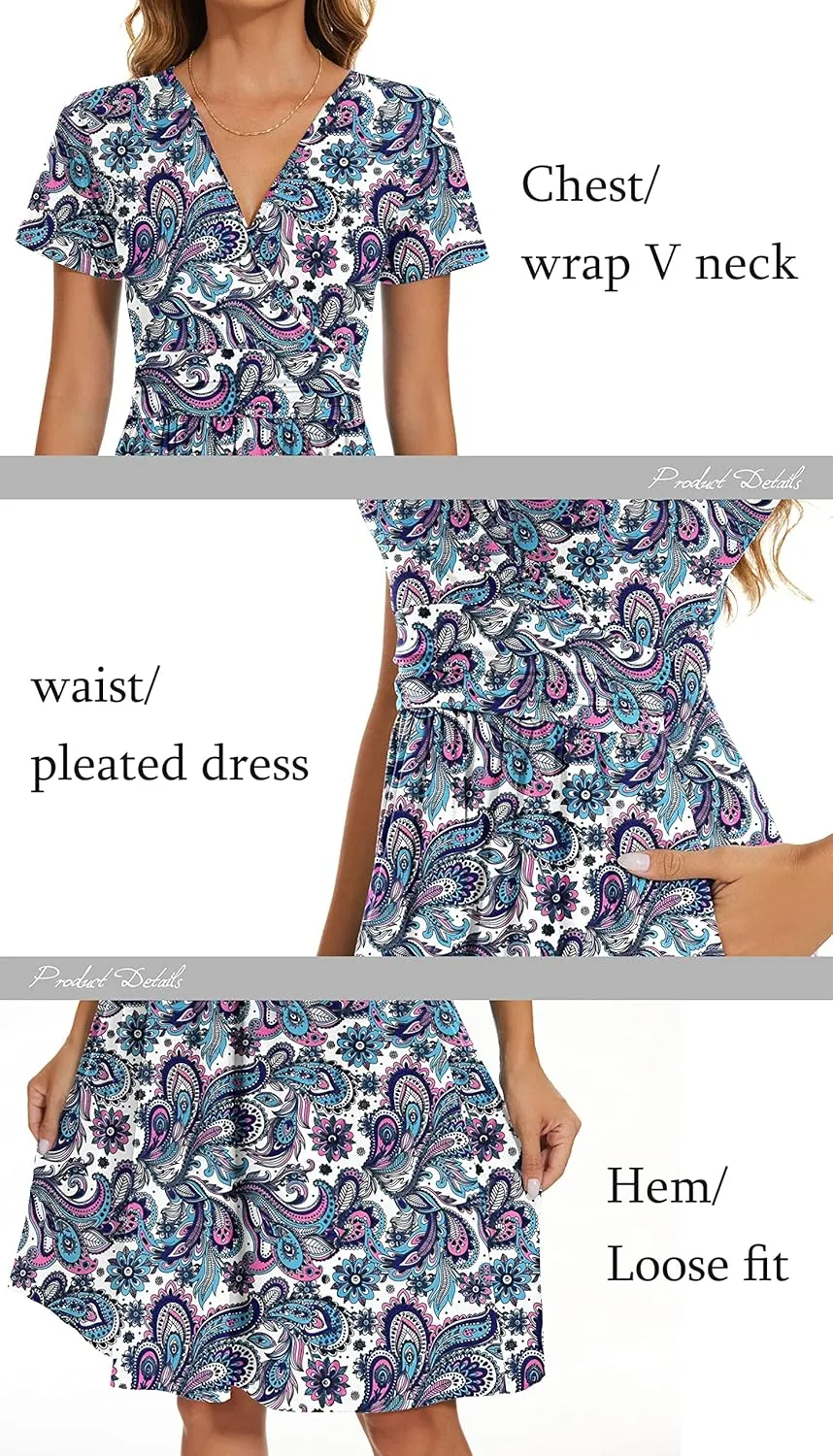 AUSELILY Women's Short Sleeve Empire Waist Dress Pleated Loose Swing Knee Length Dresses with Pockets 2025 New