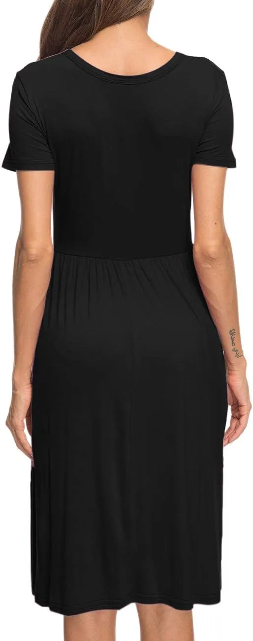 AUSELILY Women's Short Sleeve Empire Waist Dress Pleated Loose Swing Knee Length Dresses with Pockets 2025 New