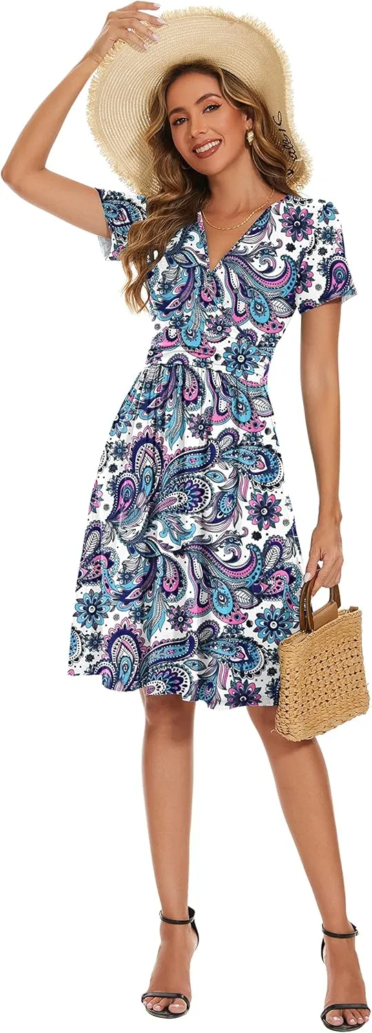 AUSELILY Women's Short Sleeve Empire Waist Dress Pleated Loose Swing Knee Length Dresses with Pockets 2025 New