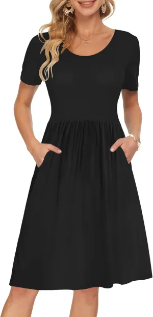 AUSELILY Women's Short Sleeve Empire Waist Dress Pleated Loose Swing Knee Length Dresses with Pockets 2025 New