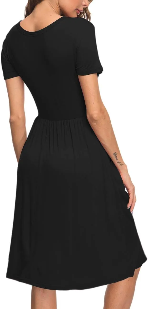 AUSELILY Women's Short Sleeve Empire Waist Dress Pleated Loose Swing Knee Length Dresses with Pockets 2025 New