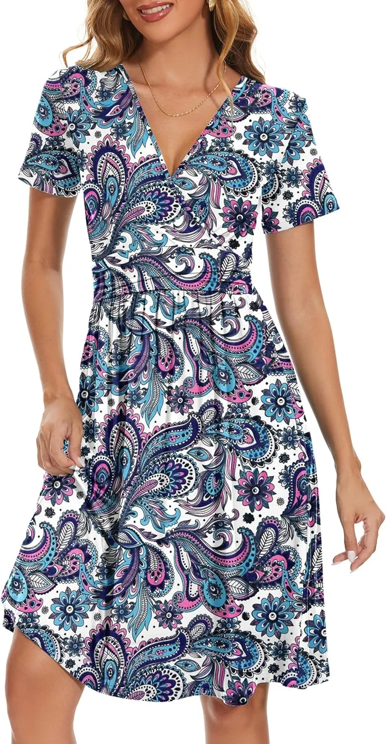 AUSELILY Women's Short Sleeve Empire Waist Dress Pleated Loose Swing Knee Length Dresses with Pockets 2025 New