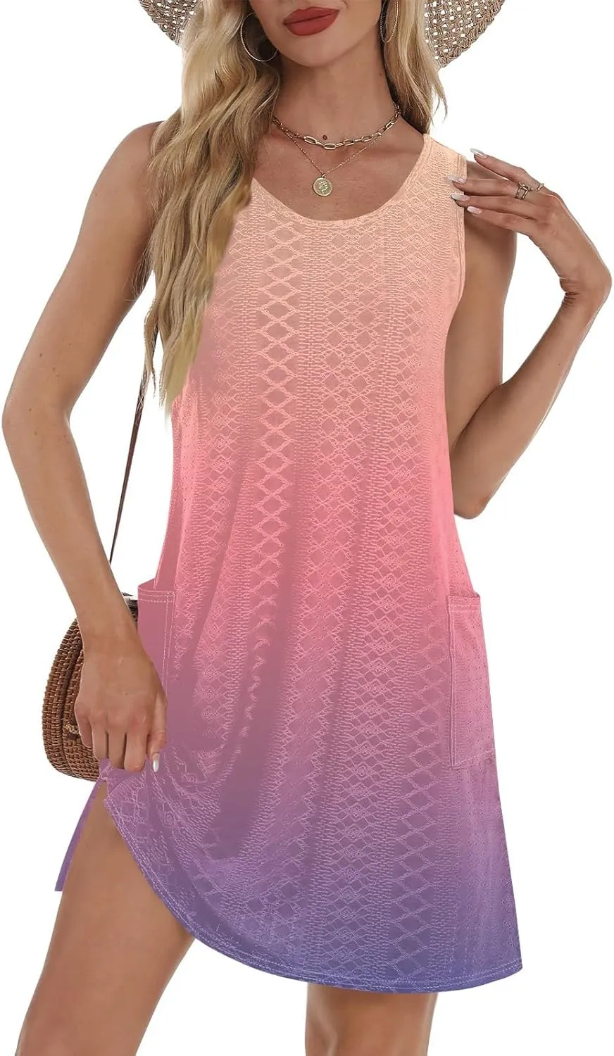 Azeralia Women Casual Loose Sundress Sleeveless Round Neck Mini Beach Tank Dress Travel Vacation 2025 Summer Outfits