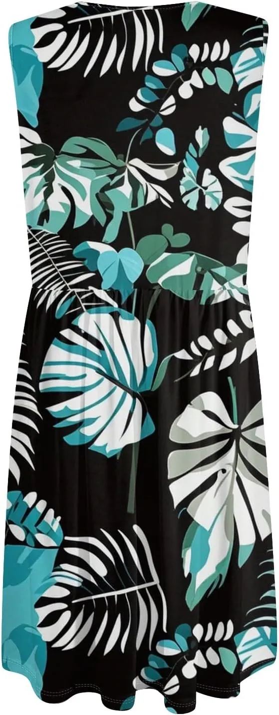 Azeralia Women's Summer Casual Fashion V-Neck Button Decoration Tank Dresses Sleeveless Beach Printed Dress Boho Sundress
