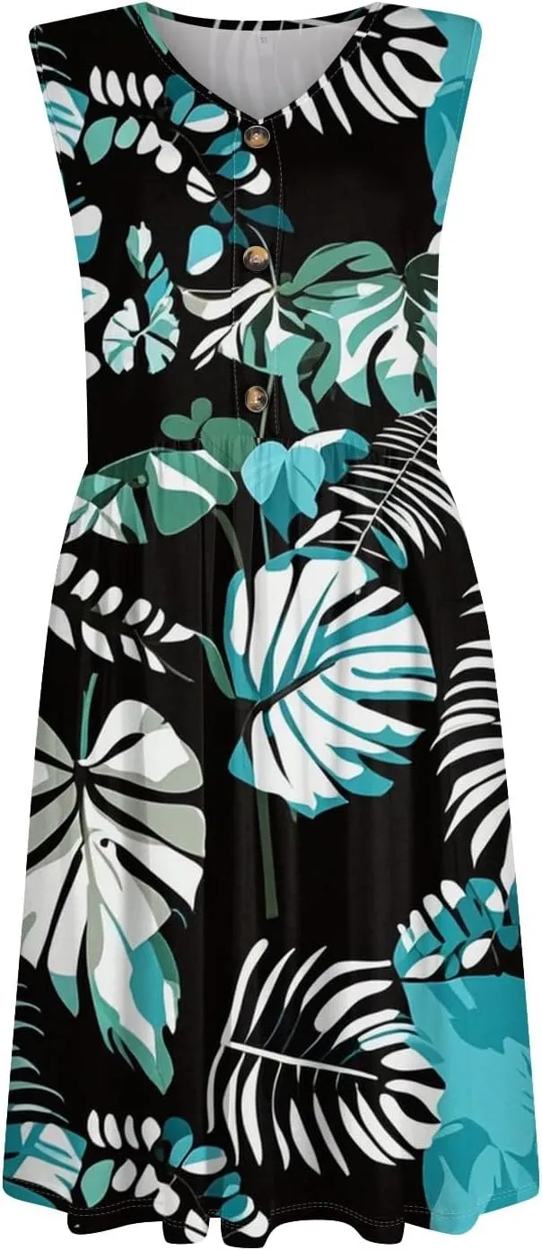 Azeralia Women's Summer Casual Fashion V-Neck Button Decoration Tank Dresses Sleeveless Beach Printed Dress Boho Sundress