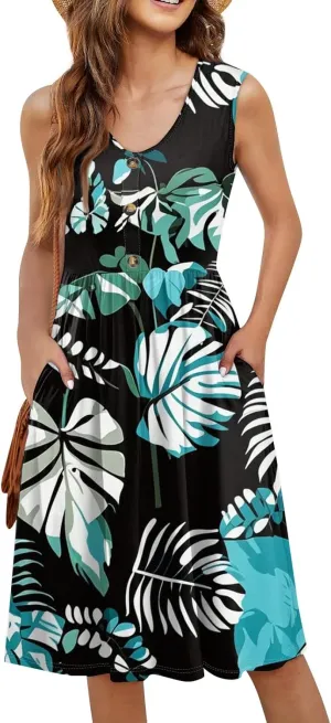 Azeralia Women's Summer Casual Fashion V-Neck Button Decoration Tank Dresses Sleeveless Beach Printed Dress Boho Sundress