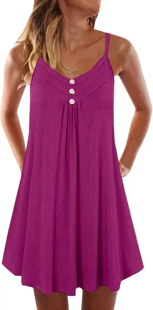 Azeralia Women's Summer Sleeveless V-Neck Dress Loose Solid Color Button Camisole Mini Dresses Casual Beach Party Dresses