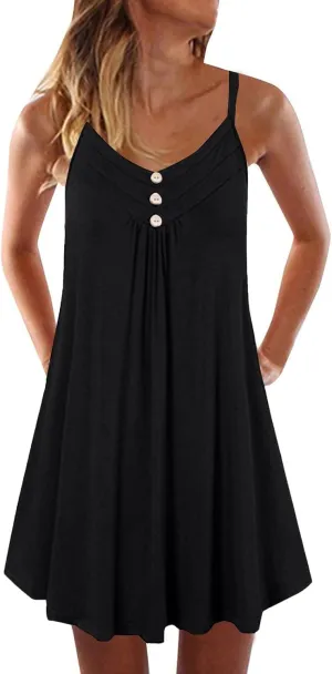 Azeralia Women's Summer Sleeveless V-Neck Dress Loose Solid Color Button Camisole Mini Dresses Casual Beach Party Dresses