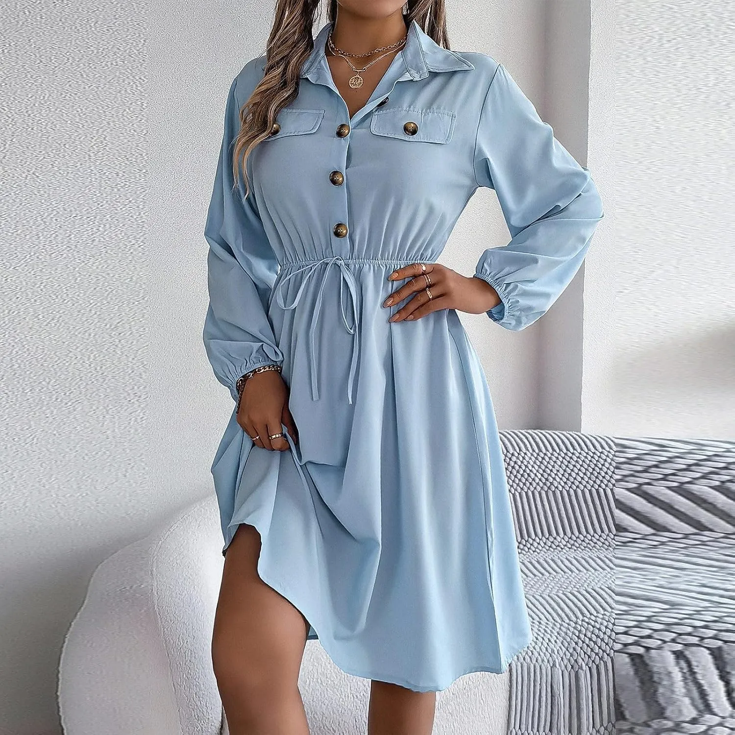 BAXLIMEK Midi Dresses for Women,2025 Spring Elegant Trendy Long Sleeve Dress Flowy Pleated A Line Vacation Dress Work Outfits