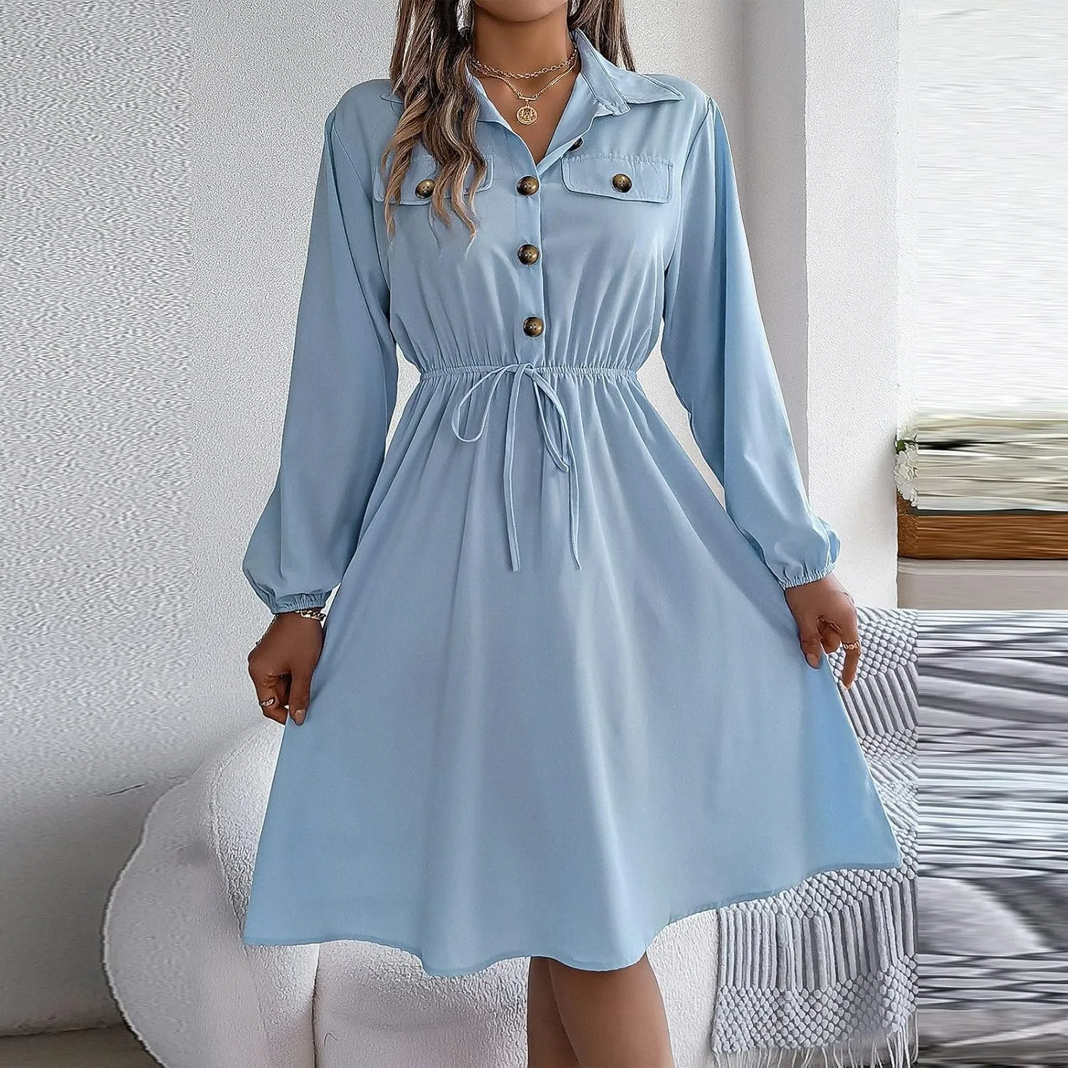 BAXLIMEK Midi Dresses for Women,2025 Spring Elegant Trendy Long Sleeve Dress Flowy Pleated A Line Vacation Dress Work Outfits