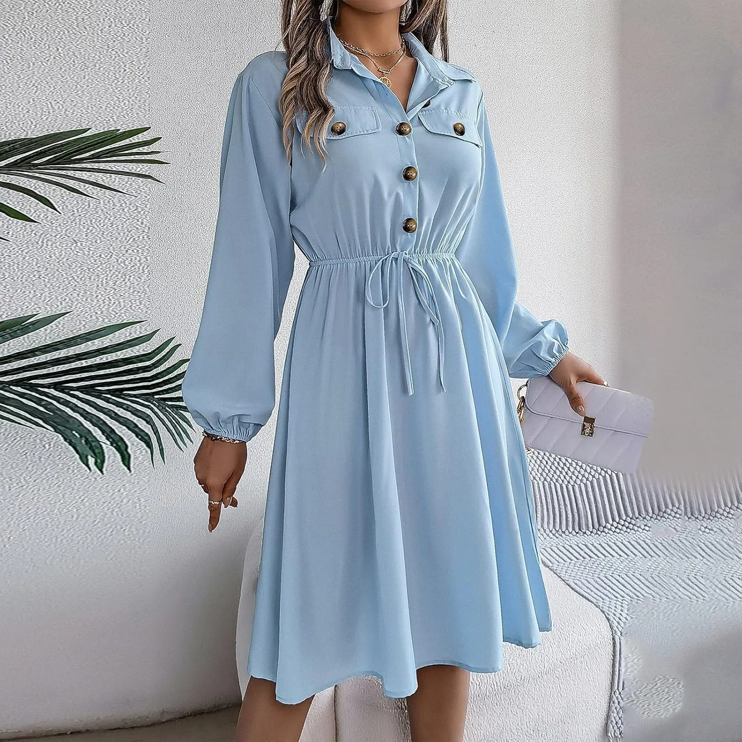 BAXLIMEK Midi Dresses for Women,2025 Spring Elegant Trendy Long Sleeve Dress Flowy Pleated A Line Vacation Dress Work Outfits