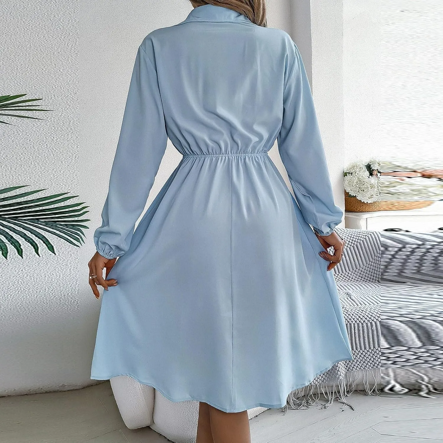 BAXLIMEK Midi Dresses for Women,2025 Spring Elegant Trendy Long Sleeve Dress Flowy Pleated A Line Vacation Dress Work Outfits