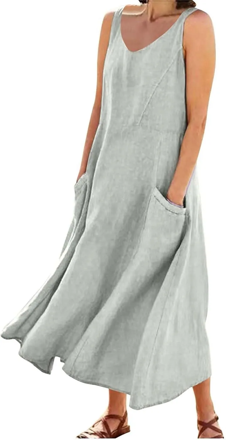 Beach Dresses for Women 2025 Color Pocket V Neck Sleeveless Casual Dress A Line Swing Casual Party Cocktail Dresses