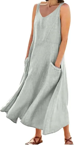 Beach Dresses for Women 2025 Color Pocket V Neck Sleeveless Casual Dress A Line Swing Casual Party Cocktail Dresses