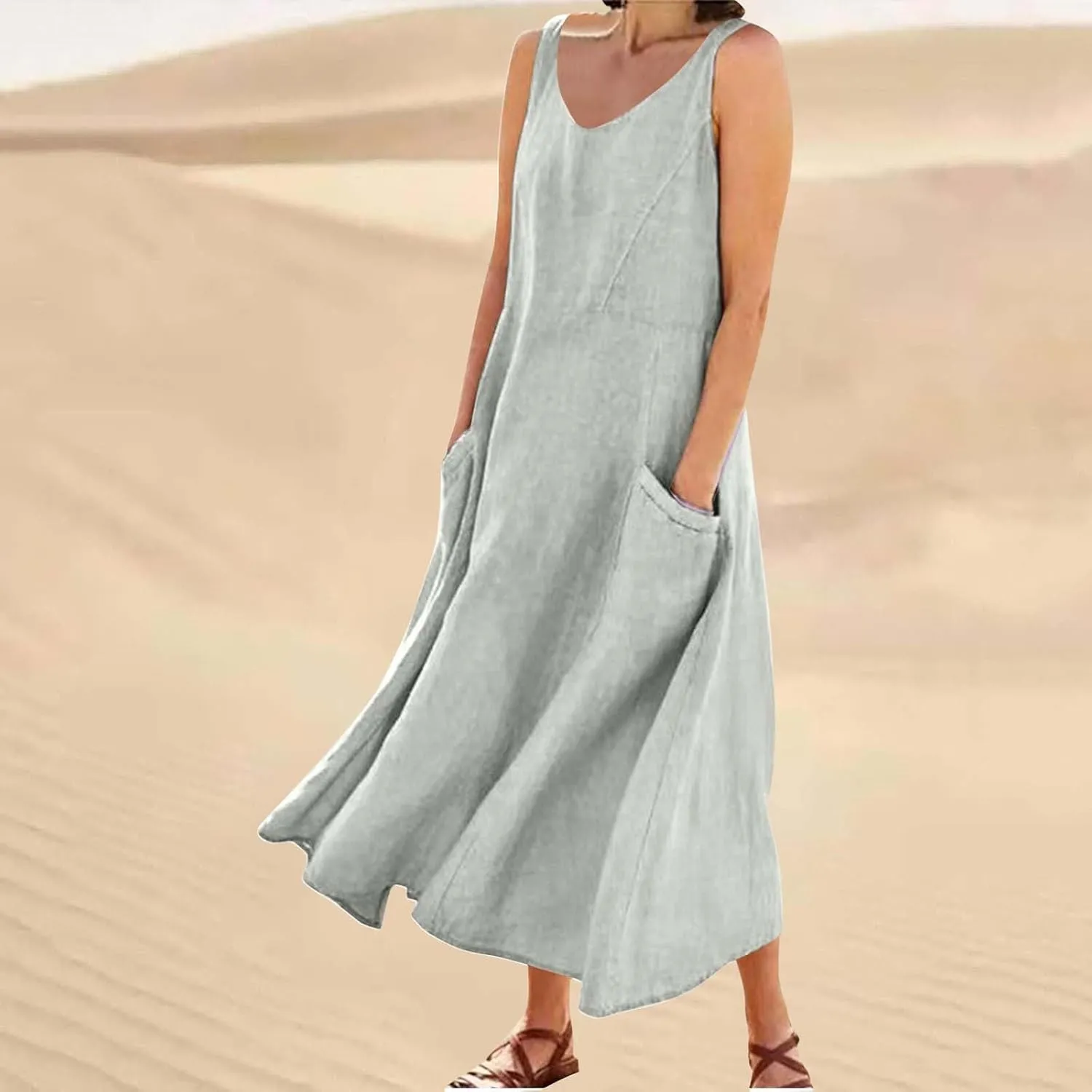Beach Dresses for Women 2025 Color Pocket V Neck Sleeveless Casual Dress A Line Swing Casual Party Cocktail Dresses