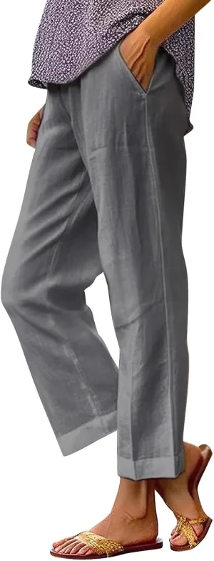 Beach Vacation Solid Elastic Pants Long Drawstring Linen Women Waist Cotton Casual Pants Lightweight Elastic Waist