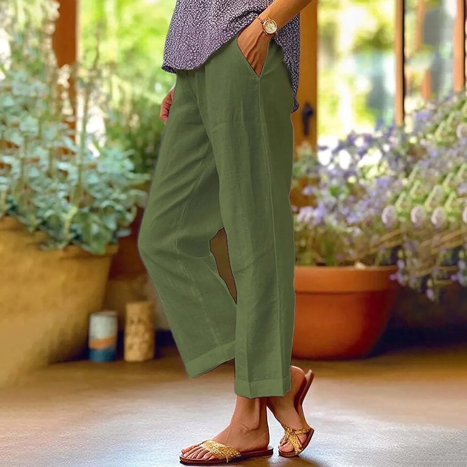 Beach Vacation Solid Elastic Pants Long Drawstring Linen Women Waist Cotton Casual Pants Lightweight Elastic Waist