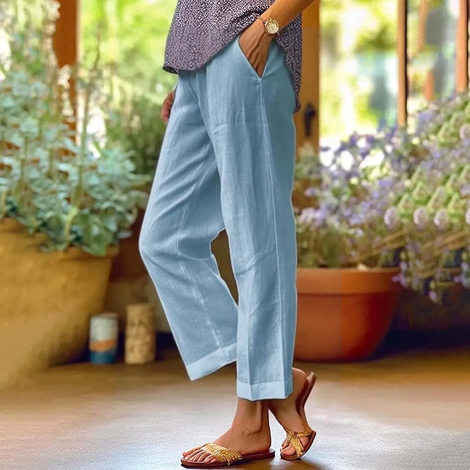 Beach Vacation Solid Elastic Pants Long Drawstring Linen Women Waist Cotton Casual Pants Lightweight Elastic Waist