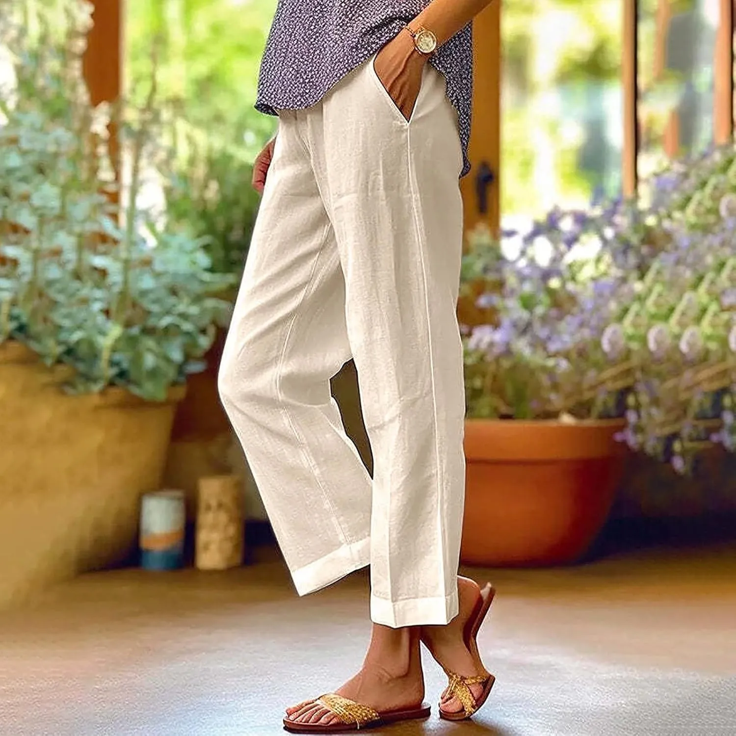 Beach Vacation Solid Elastic Pants Long Drawstring Linen Women Waist Cotton Casual Pants Lightweight Elastic Waist