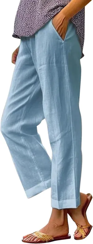 Beach Vacation Solid Elastic Pants Long Drawstring Linen Women Waist Cotton Casual Pants Lightweight Elastic Waist