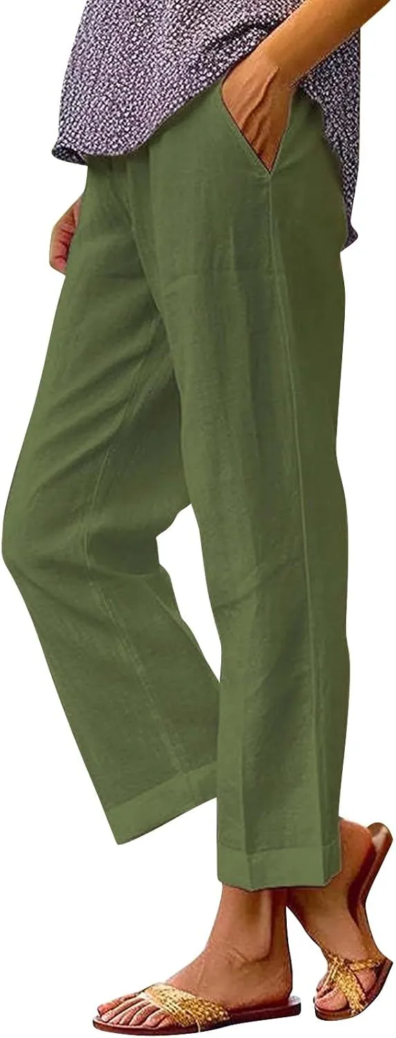 Beach Vacation Solid Elastic Pants Long Drawstring Linen Women Waist Cotton Casual Pants Lightweight Elastic Waist