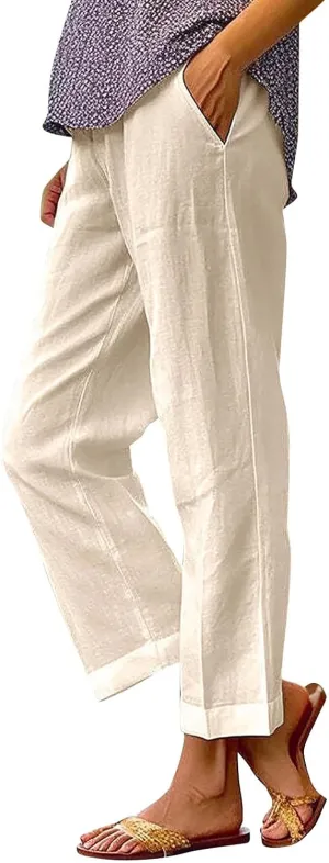 Beach Vacation Solid Elastic Pants Long Drawstring Linen Women Waist Cotton Casual Pants Lightweight Elastic Waist