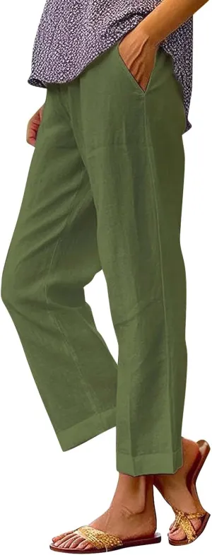 Beach Vacation Solid Elastic Pants Long Drawstring Linen Women Waist Cotton Casual Pants Lightweight Elastic Waist