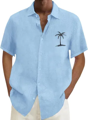 Beach Vacation Tshirts Mens Button Down Cotton Linen Guayabera T-Shirt Spread Collar Short Sleeve Summer Plain Tops