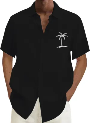 Beach Vacation Tshirts Mens Button Down Cotton Linen Guayabera T-Shirt Spread Collar Short Sleeve Summer Plain Tops