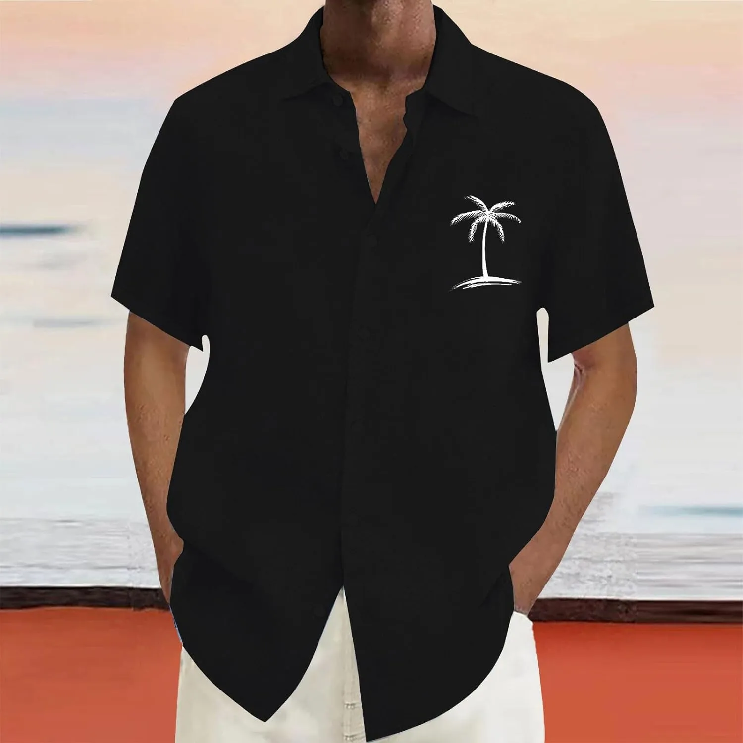 Beach Vacation Tshirts Mens Button Down Cotton Linen Guayabera T-Shirt Spread Collar Short Sleeve Summer Plain Tops