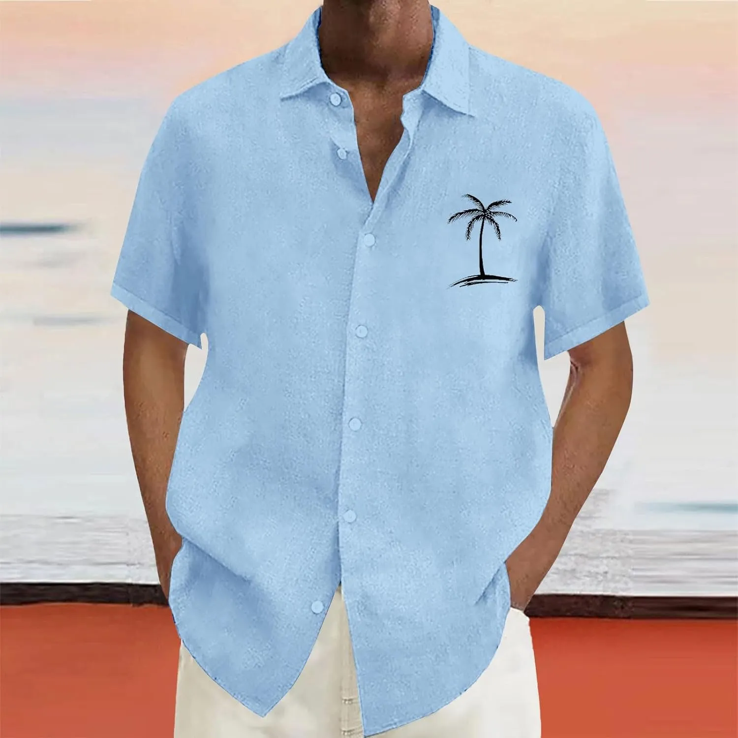 Beach Vacation Tshirts Mens Button Down Cotton Linen Guayabera T-Shirt Spread Collar Short Sleeve Summer Plain Tops