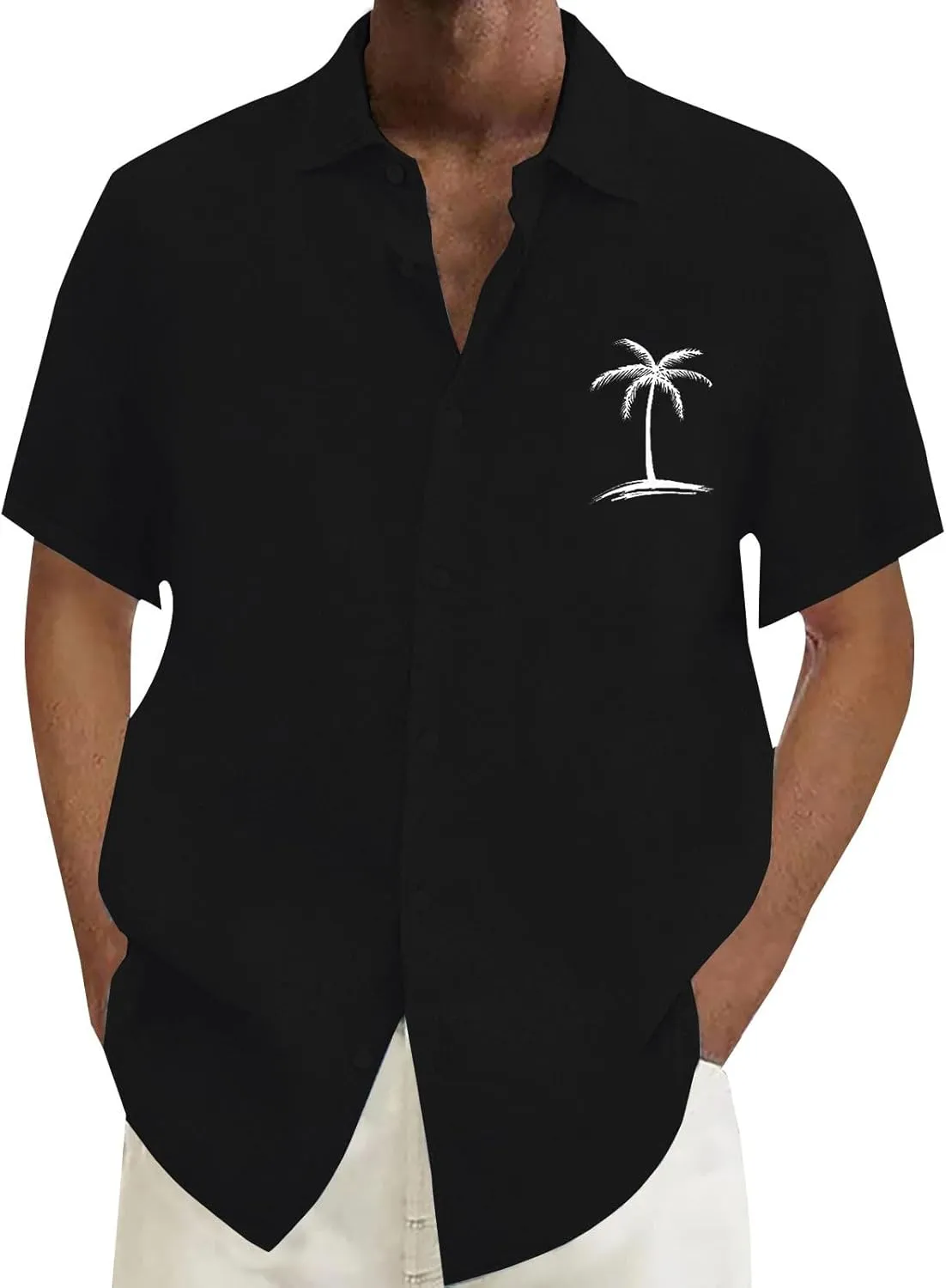 Beach Vacation Tshirts Mens Button Down Cotton Linen Guayabera T-Shirt Spread Collar Short Sleeve Summer Plain Tops