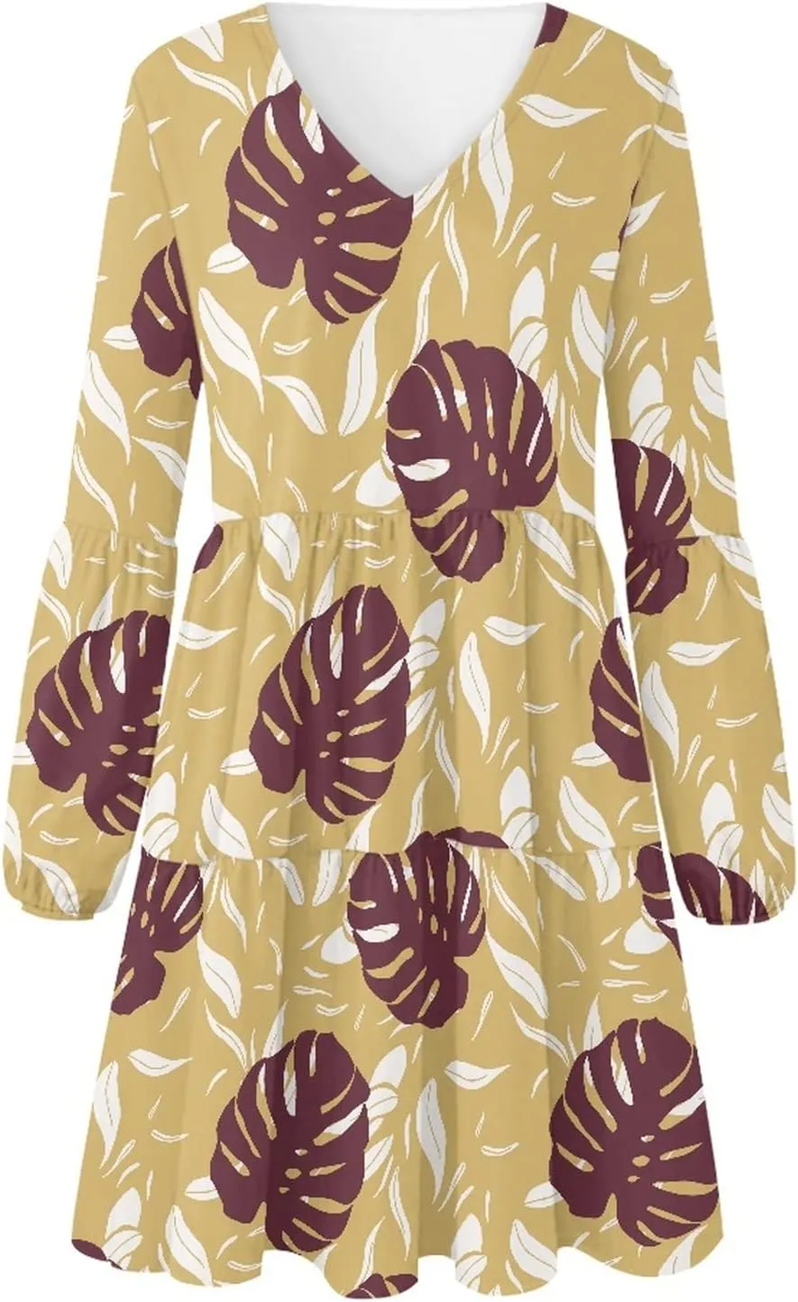 Bengbobar Women Floral Dress V Neck Long Puff Sleeve Casual Summer Elegant Midi Flowy Loose Pleated Party Swing Shift Dresses
