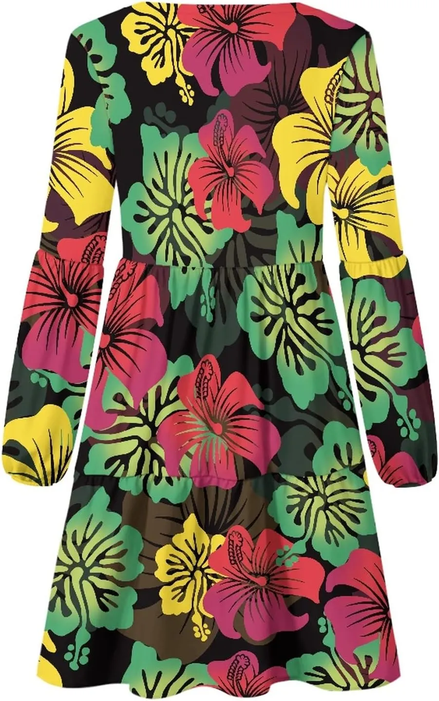 Bengbobar Women Floral Dress V Neck Long Puff Sleeve Casual Summer Elegant Midi Flowy Loose Pleated Party Swing Shift Dresses