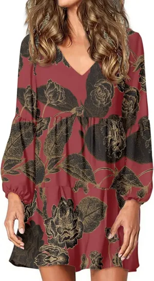 Bengbobar Women Floral Dress V Neck Long Puff Sleeve Casual Summer Elegant Midi Flowy Loose Pleated Party Swing Shift Dresses