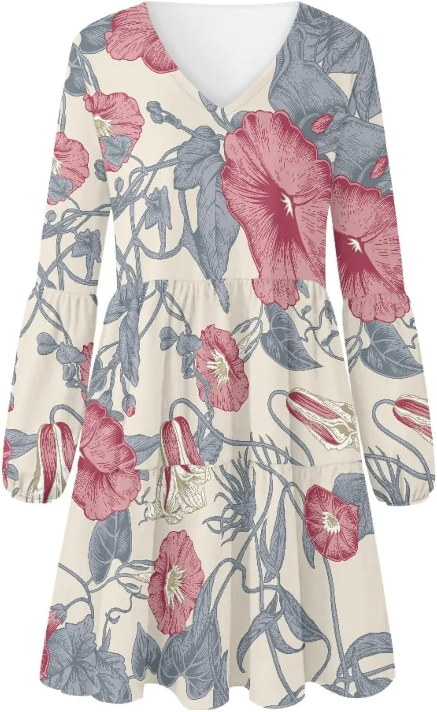Bengbobar Women Floral Dress V Neck Long Puff Sleeve Casual Summer Elegant Midi Flowy Loose Pleated Party Swing Shift Dresses