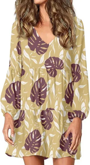 Bengbobar Women Floral Dress V Neck Long Puff Sleeve Casual Summer Elegant Midi Flowy Loose Pleated Party Swing Shift Dresses