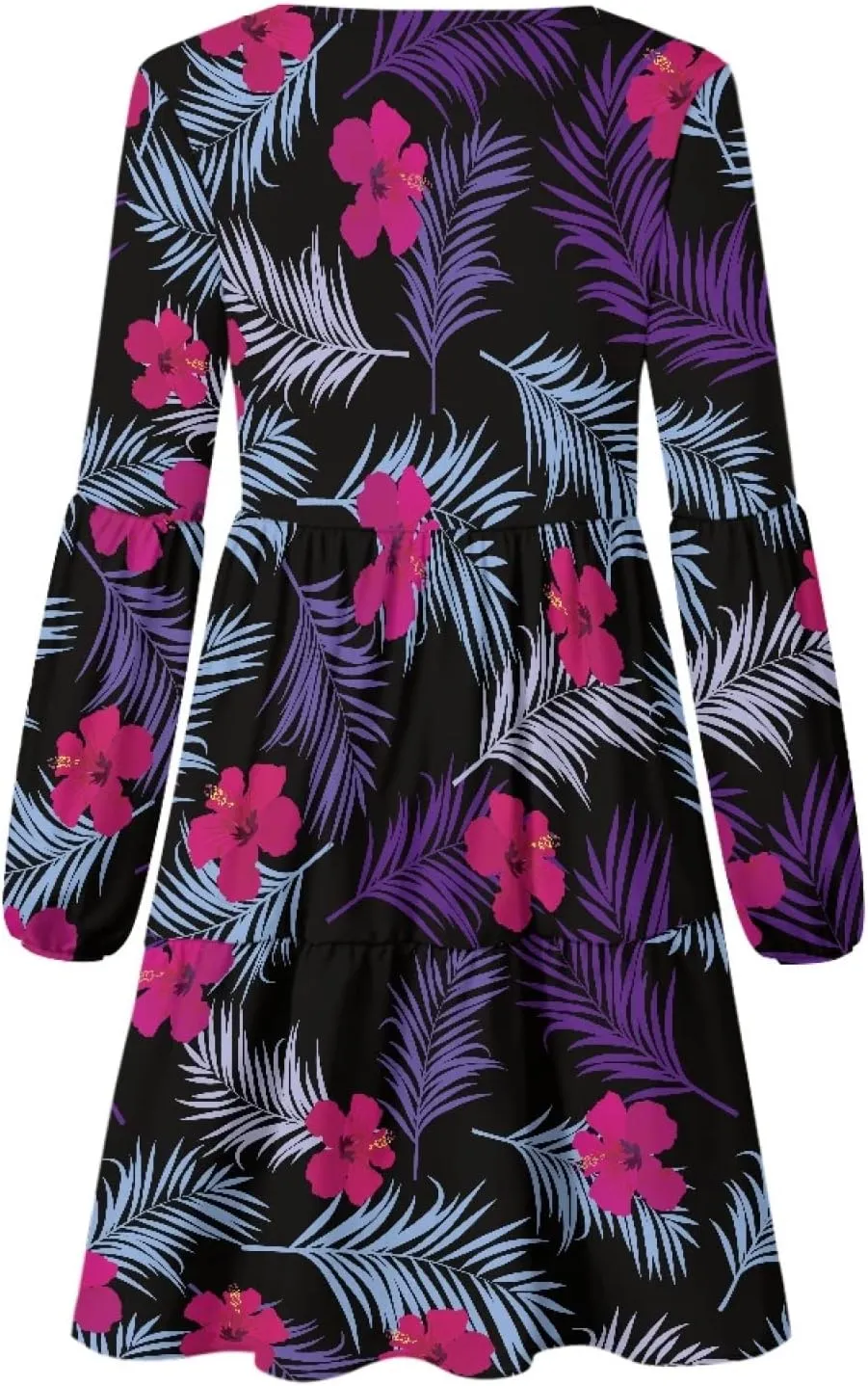 Bengbobar Women Floral Dress V Neck Long Puff Sleeve Casual Summer Elegant Midi Flowy Loose Pleated Party Swing Shift Dresses