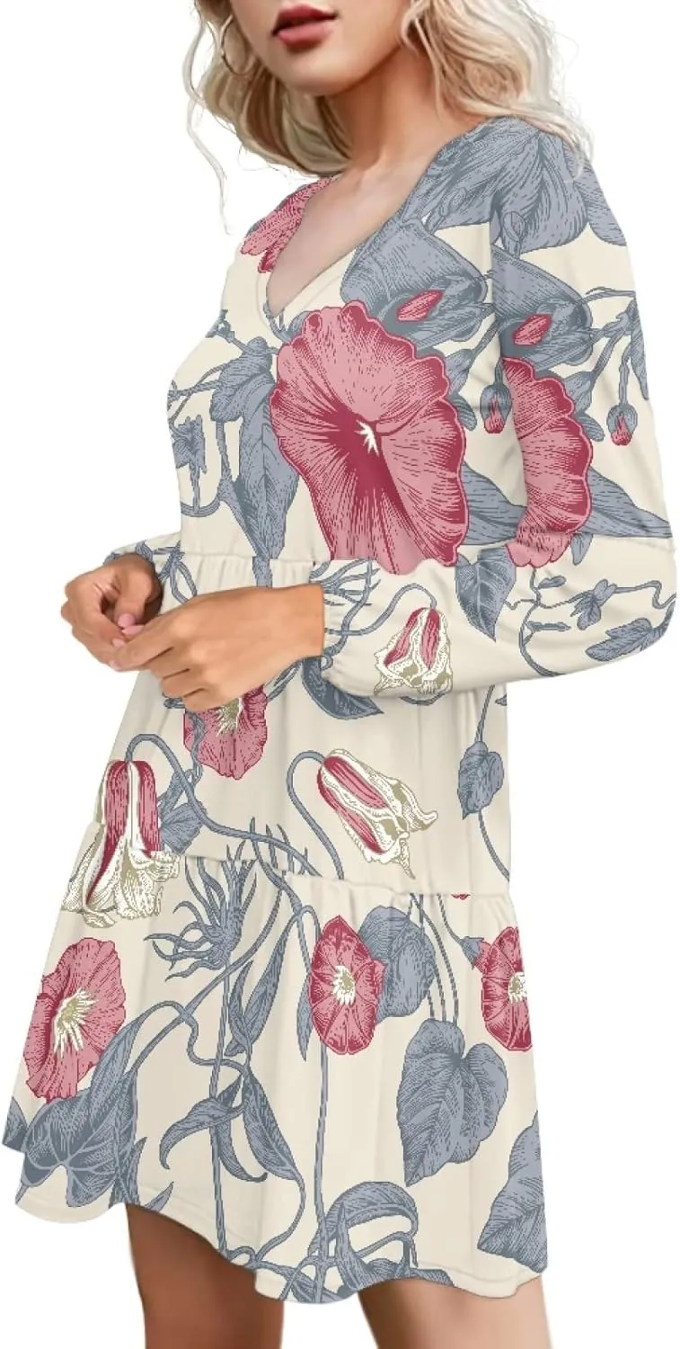 Bengbobar Women Floral Dress V Neck Long Puff Sleeve Casual Summer Elegant Midi Flowy Loose Pleated Party Swing Shift Dresses