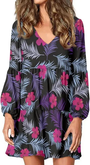 Bengbobar Women Floral Dress V Neck Long Puff Sleeve Casual Summer Elegant Midi Flowy Loose Pleated Party Swing Shift Dresses