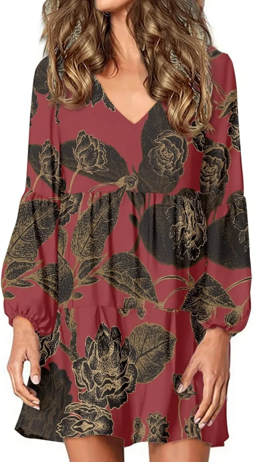 Bengbobar Women Floral Dress V Neck Long Puff Sleeve Casual Summer Elegant Midi Flowy Loose Pleated Party Swing Shift Dresses