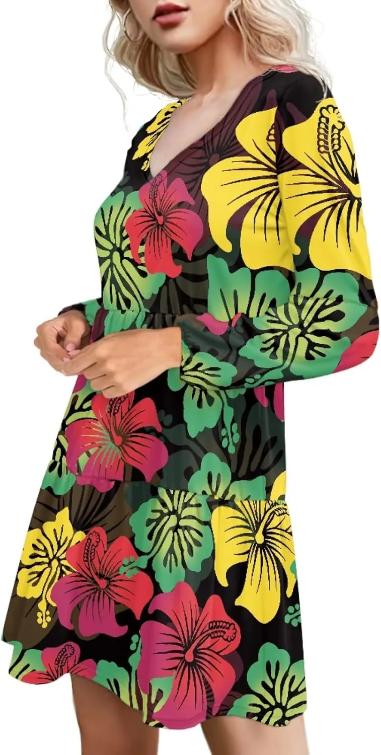 Bengbobar Women Floral Dress V Neck Long Puff Sleeve Casual Summer Elegant Midi Flowy Loose Pleated Party Swing Shift Dresses