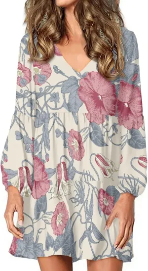 Bengbobar Women Floral Dress V Neck Long Puff Sleeve Casual Summer Elegant Midi Flowy Loose Pleated Party Swing Shift Dresses