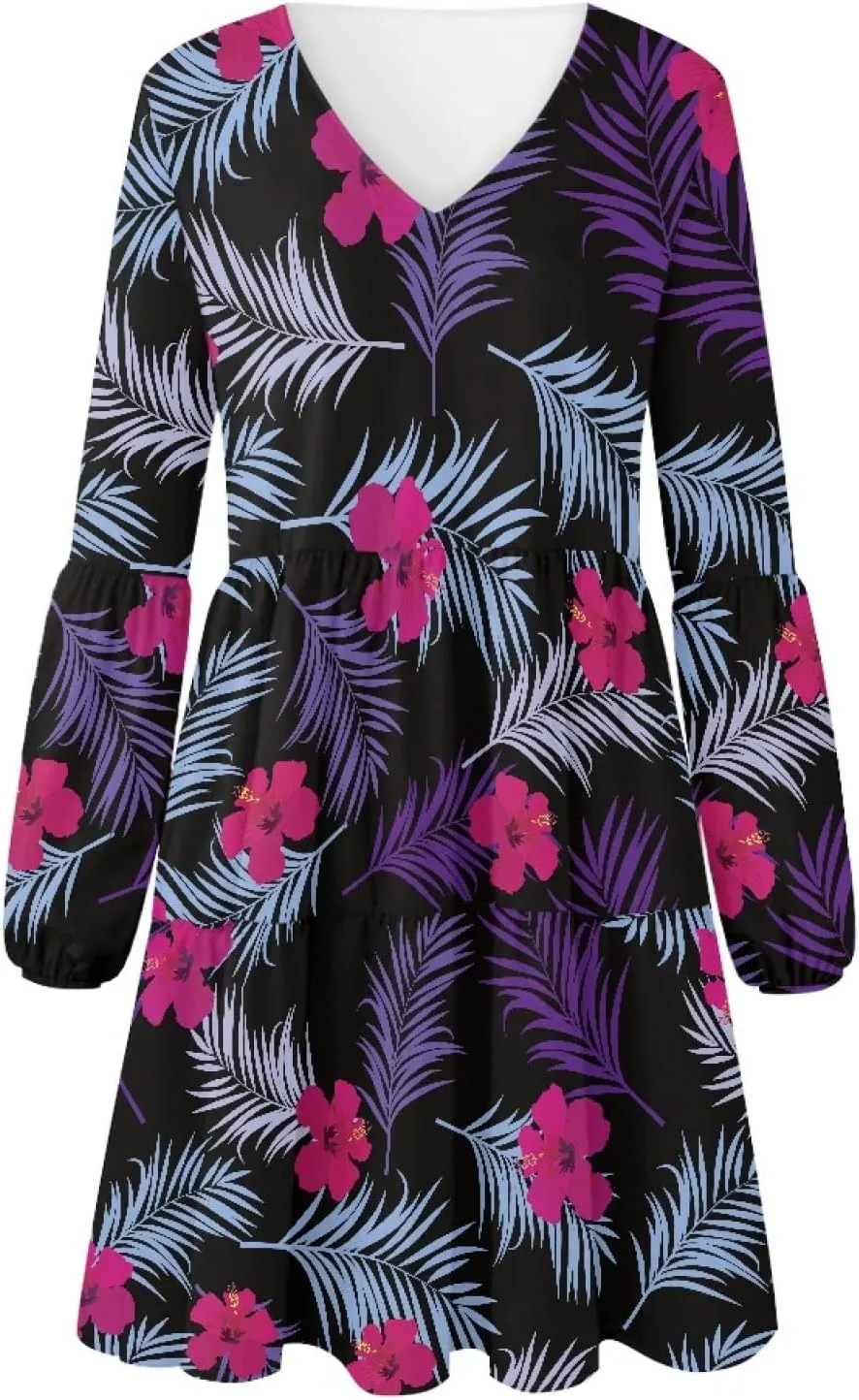 Bengbobar Women Floral Dress V Neck Long Puff Sleeve Casual Summer Elegant Midi Flowy Loose Pleated Party Swing Shift Dresses