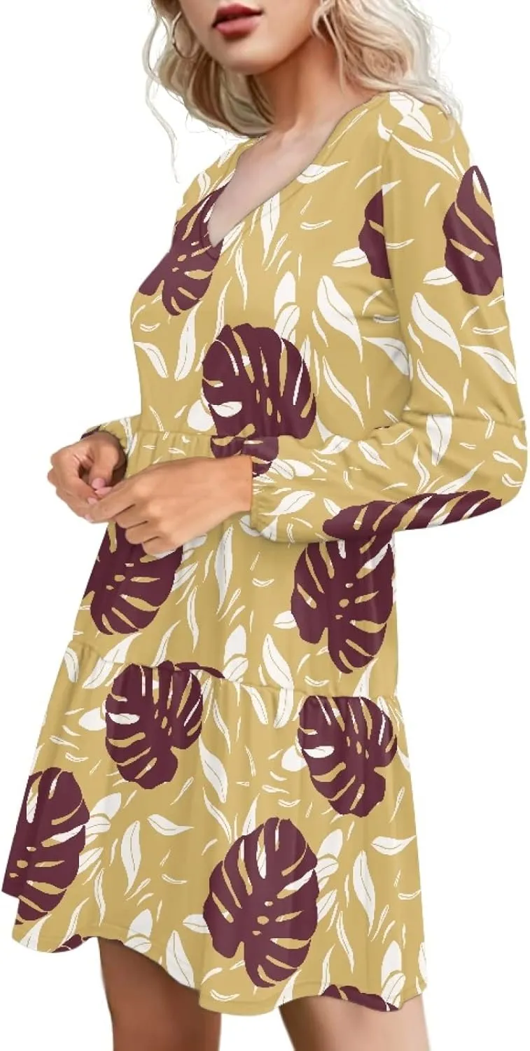 Bengbobar Women Floral Dress V Neck Long Puff Sleeve Casual Summer Elegant Midi Flowy Loose Pleated Party Swing Shift Dresses
