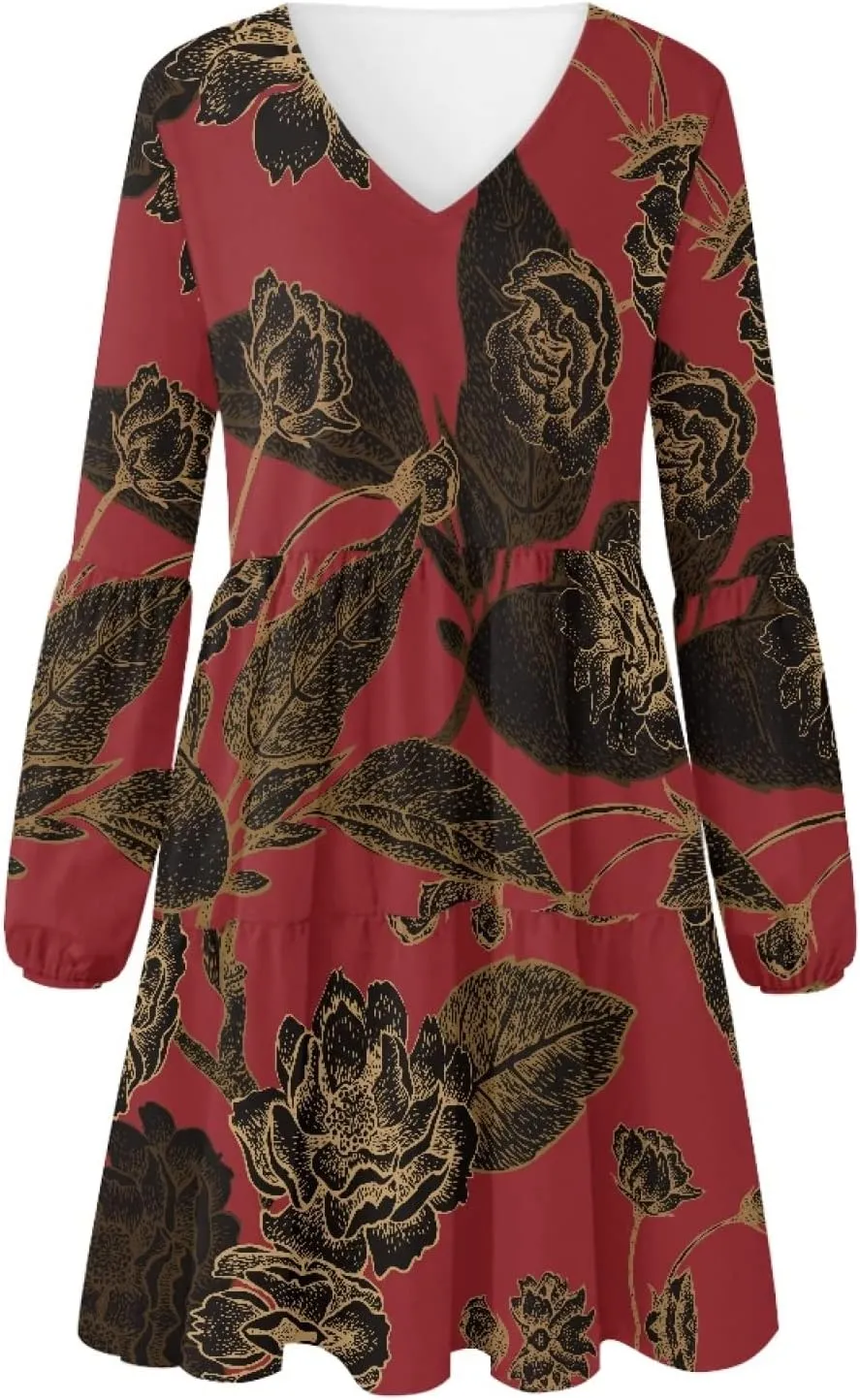 Bengbobar Women Floral Dress V Neck Long Puff Sleeve Casual Summer Elegant Midi Flowy Loose Pleated Party Swing Shift Dresses